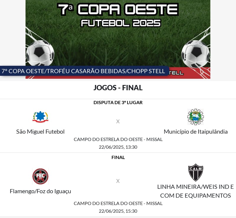 FINAL DA COPA OESTE DE FUTEBOL Competição conta com 15 mil reais de premiação. Campeão receberá 8 mil reais