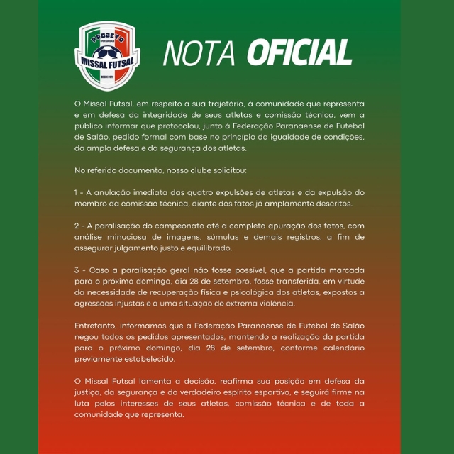 Missal Futsal Lamenta Falta de Apoio da Federação e Critica Manutenção da Rodada